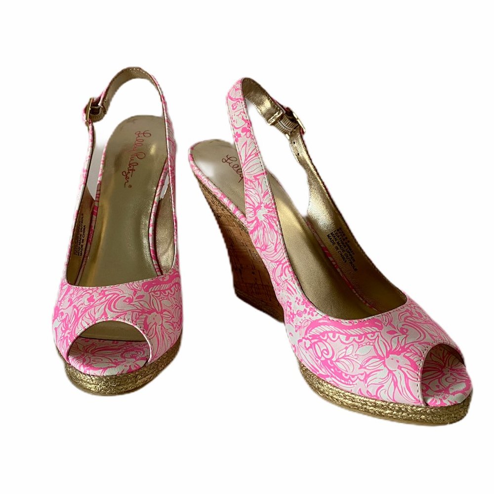 NWOT Lilly Pulitzer 4" Wedges in Pink/White, s 9.5